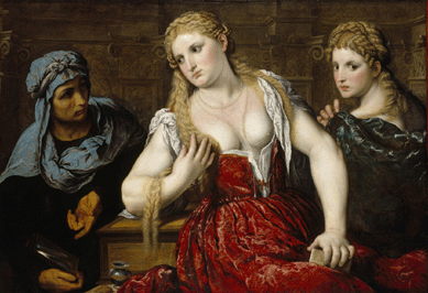Painted between 1540 and 1550, Paris Bordon's "Venetian Women at their Toilet†depicts two young women who would have been recognized as courtesans. The older woman is an attendant who may be their procuress. The picture was probably painted for a wealthy Venetian patron and was bought by the Royal Scottish Academy in 1856 and transferred to the National Gallery of Scotland in 1910.
