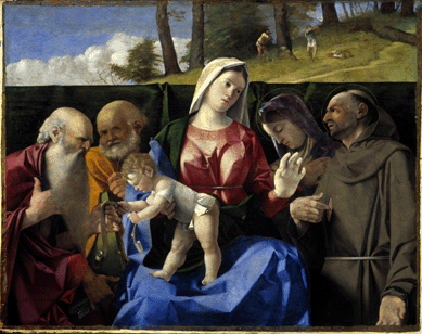 "Virgin and Child with Saints Jerome, Peter, Francis and an Unidentified Female Saint,†circa 1505, was painted by Lorenzo Lotto when he lived at Treviso, once part of the Venetian Republic. The painting was purchased in 1984 by the National Galleries of Scotland with aid from the National Heritage Memorial Fund.