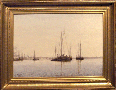 Lockwood de Forest (1850?932), "Seascape with Boats,†oil on canvas, 17 by 24 inches, at the booth of The Cooley Gallery, Old Lyme, Conn.