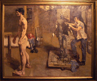 Walter Stuempfig Jr, "Sculptor and Model,†oil on canvas. Schwarz Gallery, Philadelphia. Robert Schwarz believes this painting was done at PAFA and could possibly show a PAFA studio scene.