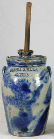 The top lot in the sale was this Canadian miniature "plow†flower decorated butter churn complete with dasher and guide, standing only 5 inches tall. It was impressed with mark of Canadian potter James O'Hara Picton. It realized $34,650, an auction record for a piece of Canadian decorated stoneware, the auction house believes.