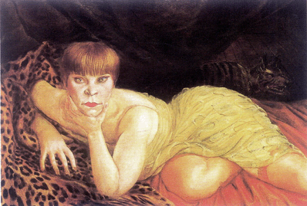 A kind of icon of the depravity and sexual freedoms of the Weimar Republic, "Reclining Woman on Leopard Skin,†1927, features a sensual female with a challenging, come-hither look. The tempera on wood measures 26¾ by 38 5/8 inches. Herbert F. Johnson Museum of Art, Cornell University, gift of Samuel A. Berger.