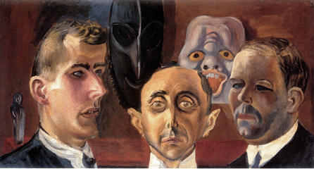 In this enigmatic "Group Portrait: Gunther Franke, Paul Ferdinand Schmidt and Karl Nierendorf,†1923, Dix backed three properly dressed gentlemen with two masks. Nierendorf was the artist's dealer. Staatliche Museen Preussischer Kulturbesitz, Nationalgalerie, Berlin.