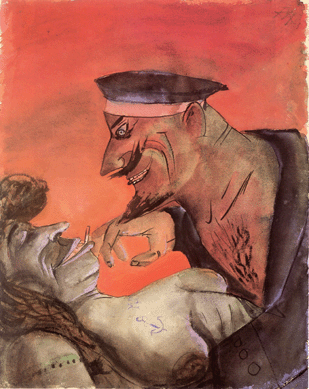 During and after the war, Dix depicted all sorts of German servicemen consorting with prostitutes, as in "Sailor and Girl (with Cigarette),†1926. In this watercolor, the leering, devilish sailor and the supine, bare-breasted hooker seem made for each other. Otto Dix Stiftung, Vaduz.  