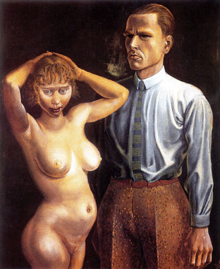 Dix's depictions of war and of nude models and prostitutes early in his career made him, in curator Peters' words, "the most scandalous artist of the Weimar era.†In "Self-Portrait with Nude Model,†1923, "the stark contrast between the fully dressed artist&⁡nd the completely naked woman is so drastic that it is confounding,†observes Peters. Private collection, courtesy of Richard Nagy Ltd, London.