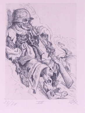Dix recorded his observations after more than three years in the trenches in World War I, in "Der Krieg (The War),†a portfolio of 50 etchings detailing the dirt, devastation, death and degradation of combat. In sharp contrast to the extolling of the "steeling experience of the front†that was common in the Weimar Republic, Dix showed the suffering and death that were the reality of war in works like "Dead Sentry in Trench,†1924. Private collection, New York City.