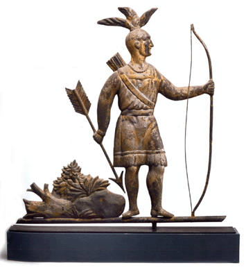Selling for $122,500, within estimate, was a molded copper standing "Massasoit†weathervane, J. Harris and Co., Boston, dating from the third quarter of the Nineteenth Century. This vane was sold by Christie's in 1982 and again by David Schorsch of Woodbury, Conn., in 1984, and was part of the Barsalona Collection.