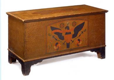 Lot 10, from the Barsalona Collection, a rare painted and decorated blanket chest, possibly Tylersville, Clinton County, Penn., dated 1816 with eagle decoration on the front panel, along with other Pennsylvania motifs, 27¾ inches high, 52¼ inches wide and 22 inches deep, sold for $56,250, just over the low $50,000 estimate. The provenance lists Howard and Jean Lipman and it was sold by Sotheby's in the Lipman Collection on November 14, 1981.