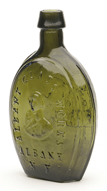 A Washington bust and "Albany Glass Works/Albany NY†sailing frigate portrait flask, 1847‵0, in a rare brilliant yellowish-olive color, went out at $44,000.