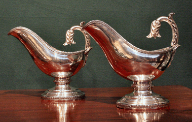 Silver specialist S.J. Shrubsole Corp of New York City brought a selection of choice American pieces, including this pair of urn-shaped sauce boats, $75,000, by Philadelphia silversmith Thomas Fletcher.