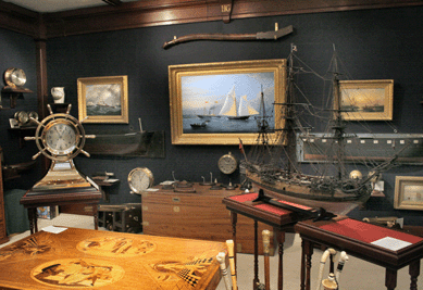 At work on a book on the art of the America's Cup, Hyland Granby Antiques of Hyannis Port, Mass., featured a contemporary painting by English-born marine artist Tim Thompson depicting America's victory in 1851.