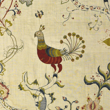 Detail from a bed hanging embroidered by Prudence Geer Punderson, circa 1750‶0. Courtesy Connecticut Historical Society.
