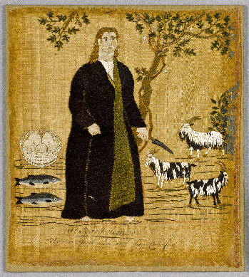 "St Bartholomew,†one of 12 portraits of apostles embroidered by Prudence Punderson Rossiter, 1776‱783. Courtesy Connecticut Historical Society.