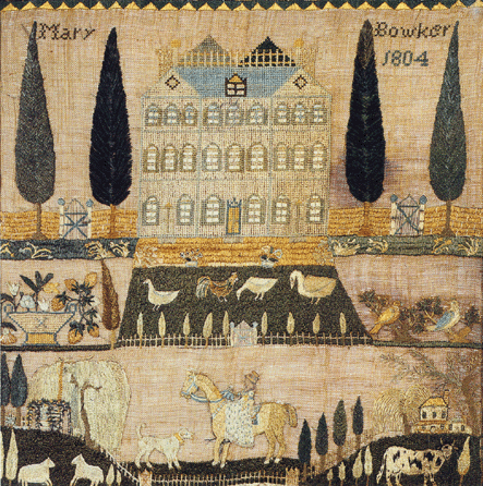 This 1804 silk and painted paper on linen sampler by Mary Bowker has been missing from the collection of the Burlington County Historical Society since October 16. Illustrated in Betty Ring's Girlhood Embroidery, Volume II, it is from a small group of locally made samplers prized for their charming depiction of a lady on horseback.