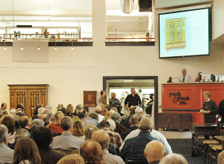 The moment many were waiting for, lot 255, the Berks County, Penn., painted schrank dated 1775, inscribed "17 Philip Detuk 75†and estimated at $300/600,000. It sold for $818,500, "Right where we expected it to be,†Ron Pook said after the sale. The catalog lists this piece as "the finest example left in private hands†and was shown at the front of the auction gallery and on the large screen. It was also pictured in last week's Antiques And The Arts Weekly.