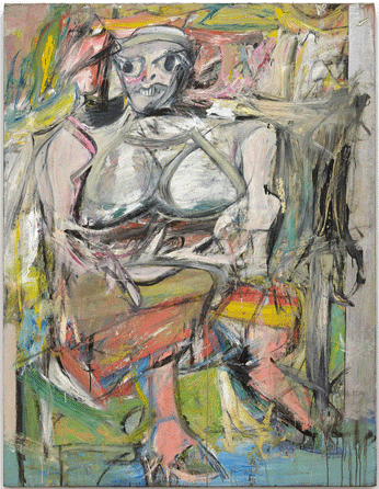 A leading proponent of a spontaneous, gestural mode of painting, Willem de Kooning had great influence on many contemporaries with daring, slashingly brushed, enormous works, such as "Woman I,†1950‵2. Here, the wild-eyed, corpulent female with a grotesque smile appears among a field of violent brushstrokes. De Kooning's "Woman†series continued with highly distorted images that retained a hint of reality.