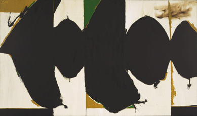Robert Motherwell's black and white palette, simple ovoid shapes and vertical bars in his famous series, begun in 1948, "Elegy to the Spanish Republic, 108,†1965‶7, reflect his emotional response to the bloody and divisive Spanish Civil War. The 100 works in the series †large, somber images †contrast with the artist's more intimate and colorful collages.