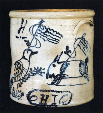 This outstanding and possibly unique 4-gallon patriotic stoneware crock with rabbit and bird decoration, inscribed "OHIO,†Ohio origin, circa 1876, sold for $11,500, the second highest price in the sale. It measures 11½ inches high and carried an estimate of $10/15,000.