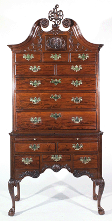 Philadelphia, Chippendale carved and figured mahogany bonnet-top high chest of drawers, circa 1760, 94 3/8 by 43¾ by 24 1/8 inches. George M. and Linda H. Kaufman.