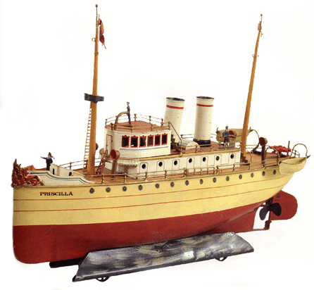 The top lot of the auction, the Marklin Priscilla steamboat, circa 1909, incredible condition, hand painted in red and cream hull, white upper deck, two life boats at rear, sailors on deck and ornate bow. It was estimated at $35/45,000, and sold for $63,250. It is from the collection of the late Bill Bertoia.