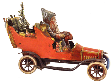 One of the rarest tin litho examples with Father Christmas at the wheel, 10½ inches long, Germany, circa 1912, extensive graphic details, small feather tree on back seat, sold for just over high estimate at $25,875.