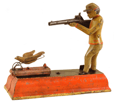 A bid of $17,250, well above the $10,000 high estimate, bought the Fowler mechanical bank, Sportsman Bank, a.k.a. the "Fowler†bank, J. & E. Stevens Co., Cromwell, Conn., circa 1892. According to the catalog, this is the rarest of all the "shooting†banks. It operates as follows: Set the trap with the bird in it, place a coin in the slot and press the lever. The bird flies, the sportsman turns, takes aim and fires. It has a replaced bird, but otherwise is listed in excellent condition.