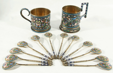 Coming out of a Washington, D.C.-area collection was this Russian gilded silver and cloisonné enamel set of 12 spoons and two tea glass holders, Ivan Saltykov and N. Alekseev, that realized $8,400.