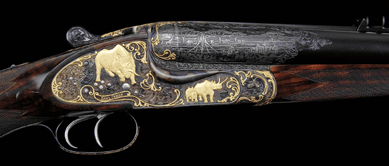 One of the most beautiful guns in the sale had to be the spectacular gold-encrusted Daniel Fraser sidelock ejector big game double rifle in caliber 600 Nitro. The gun saw considerable competition and went out at $132, 250.