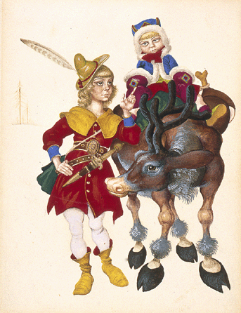 Arthur Szyk (American, 1894‱951), designs for illustration in the book Andersen's Fairy Tales by Hans Christian Andersen (New York: Grosset & Dunlap, 1945), "Girl on a Reindeer,†1945, transparent and opaque watercolor. Collection of Irvin Ungar.
