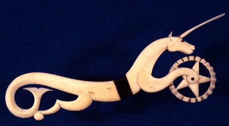 Made of whale ivory and ebony, this crimper is constructed in three pieces to resemble a sea unicorn. All images courtesy New Bedford Whaling Museum.