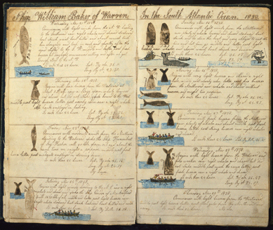 New Bedford has an unparalleled collection of whaling manuscripts and logbooks. These profusely illustrated pages describe an 1838 whaling voyage aboard the ship William Baker, built in Warren, R.I., in 1810 and broken up at New Bedford in 1848.