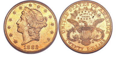 An 1882 $20, one of only 571 pieces struck, a coin so rare that even the Smithsonian Institution lacks an example of the issue, realized $80,500.