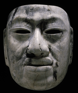 Level LG opens with the arts of ancient Mesoamerica. This Olmec mask dates to 1150‵50 BC and is made of jadeite with black inclusions. Gift of Landon T. Clay. Photo courtesy MFA Boston.