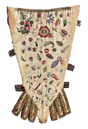 Stomacher, possibly made by Mary Lord Pitkin, circa 1720-40, Hartford. Silk and metallic thread stitched on ribbed cream silk, metallic braid trim, undyed silk lining. The maker came from the highest echelons of Hartford society, with male relatives who were founders of the colony, leading politicians and wealthy merchants with extensive overseas trading contacts. 