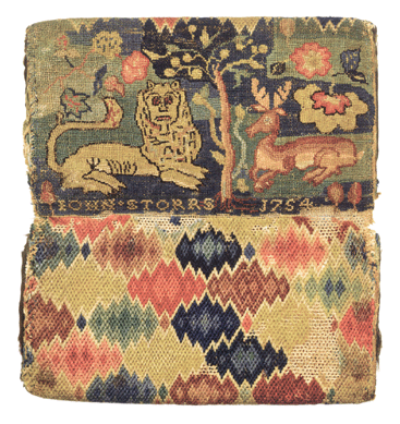 Pocketbook made for John Storrs by Lydia Storrs, probably Mansfield, Conn., dated 1754. Crewel yarn stitched on linen canvas. Newman S. Hungerford Museum Fund, 2008. Worked pocketbooks were frequently gifts from wives or sweethearts. John Storrs was 19 years old and a junior at Yale College when this was made. The pocketbook was probably worked by his sister Lydia, who would have been 12 at the time.