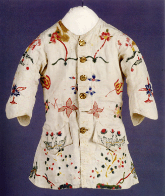 Waistcoat, possibly made by Elizabeth Brainerd Eddy or a member of the Eddy family, East Middletown, Conn., circa 1756‶0. Crewel yarn stitched on plain-weave linen, brass buttons. Gift of Mrs Lavinia K. Walsh, 1978. Eighteenth Century children's clothing is rare, as is the application of crewel embroidery to clothing, which is possibly a regional Connecticut preference. 
