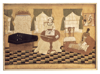 "The First, Second and Last Scene of Mortality†by Prudence Punderson Rossiter, probably East Hampton or Great Neck, N.Y., or possibly Preston or Norwich, Conn., circa 1776‱783. Crinkled silk thread stitched on plain-weave tan silk, ink. Gift of Newton C. Brainard, 1962. The most published artifact in the museum's collection, "The First, Second and Last Scene of Mortality†is a self-portrait in a detailed interior, a rare visual record of slavery in New England and a poignant allegory. The family's tripod tea table and looking glass are also in the collection of the Connecticut Historical Society. 