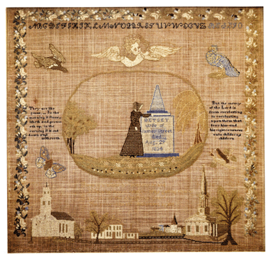 Memorial sampler by Martha Street, instructed by Mary Curtis Spencer Street, Prospect, Conn., 1841. Silk thread stitched on plain-weave undyed linen ground. Newman S. Hungerford Museum Fund, 2006. Mary C. Spencer is named as the teacher in three earlier samplers with similar characteristics, including realistic flowers and architectural elements based on specific buildings, in this instance the United States Capitol and Yale College.
