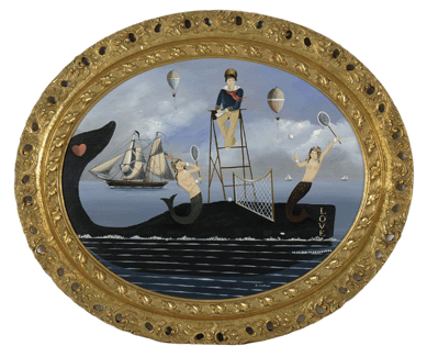 The Ralph Cahoon painting "America†with two mermaids playing tennis on the back of a whale sold on the phone for $36,800.