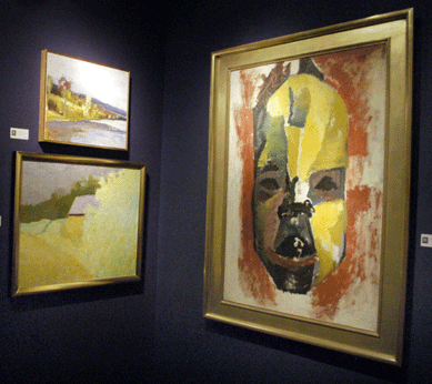 Babcock Galleries, New York City, showed, clockwise, from far left, Wolf Kahn's "Yellow Hillside†and "The New Hampshire Side,†both dating to 1993, and Charles P. Kuntz's "African Mask,†circa 1924.