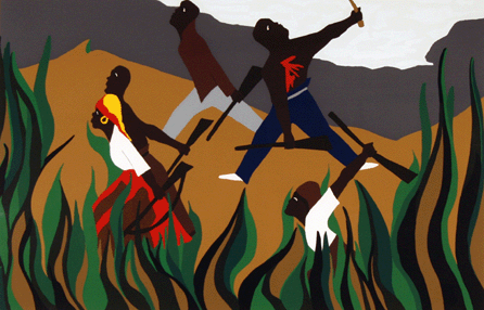 Steeped in African American history while growing up in Harlem during the Harlem Renaissance, Jacob Lawrence launched his career at age 21 with a 41-panel series about an important black hero, Touissant L'Ouverture, who led the slave rebellion to liberate Haiti from French rule. Years later, he reprised the series in screen print, including the dramatic "To Preserve Their Freedom,†1986, a reminder that American blacks were still not liberated.