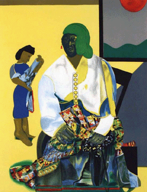 Romare Bearden used an innovative, flat-planed style of collage to depict the African American experience, particularly as he observed it growing up in North Carolina and then living in New York City. "Mecklenburg Autumn,†1979, is a vividly hued, gaily patterned lithograph recalling his boyhood home in the south.
