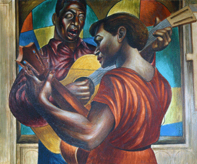 One of the highlights of the exhibition, "Gospel Singers,†1951, by Charles White, offers a strong and colorful view of performers carrying out a celebrated African American tradition of church music, a source of strength for an embattled race. The tempera on board measures 20 by 24 inches.