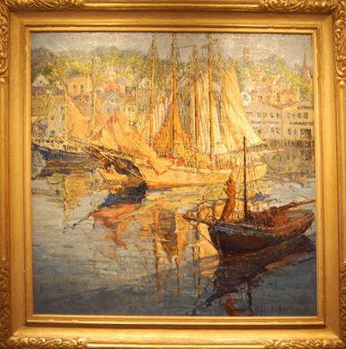 "Gloucester Harbor,†a 1929 work by Bernard E. Peters at Cooley Gallery, Old Lyme, Conn. Cooley also showed work by Mabel May Woodward, Joseph J. Eliot Enneking and Gifford Beal's 1929 view of Plum Cove at Annisquam on Cape Ann, along with a group of delectable small Venetian pictures.
