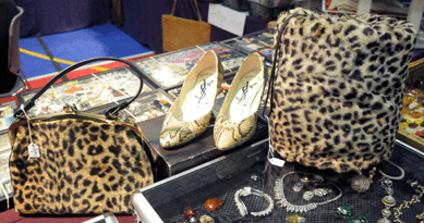 Snakeskin shoes by Yves Saint Laurent in the booth of Michal Feinmesser, Highland Park, N.J.