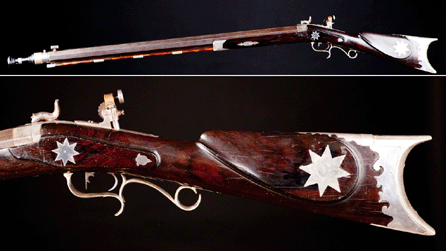 Overall image and detail of stock for deluxe sidelock, half-stock target rifle, .40 caliber, 31 inches long made by John Belknap of St Johnsbury. This firearm is one of 106 newly acquired Vermont firearms made from 1790 through 1900.