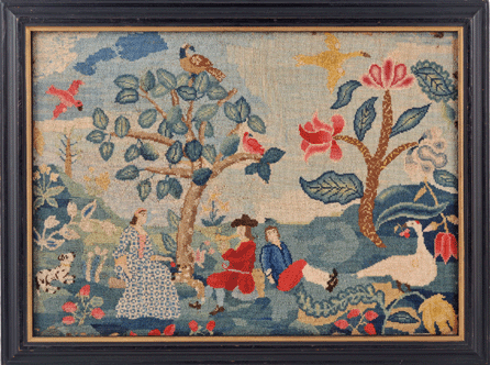 A garden scene with a maiden seated in a landscape filled with a variety of flora and fauna, a youth playing a pipe and another lounging alongside is the subject of this canvas work picture wrought by one of the daughters of John Chandler of Woodstock, Conn., wool and silk on linen, 15 by 23 inches. 