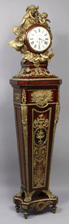 This Nineteenth Century French Napoleon III ormolu mounted tulipwood, amaranth and parquetry long case clock signed "E. Kahn's Paris†sold for $34,500.