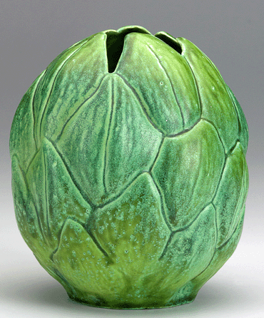 Artichoke vase in the form of bud in a popular green glaze. Both Arthur Nash and son Leslie kept their formulas hidden from assistants and from Tiffany himself.