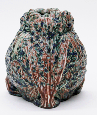 This substantial cabbage-form vase is a highlight of the Lillian Nassau exhibition. Its predominately red, multicolored glaze is a triumph of Arthur Nash's manipulation of the chemistry of glazes. Courtesy Lillian Nassau, LLC, New York City.